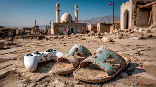 Child's sandals and a video game controller rest on the ground of a war-torn village.