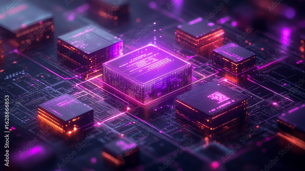 Poster dynamic interconnected digital circuitry illuminating with luminous purple and orange hues, portrayi