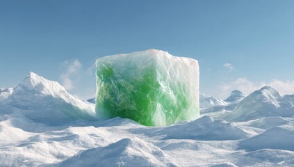 A large green ice cube sits on a snow-covered landscape under a clear, bright blue sky