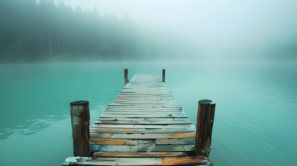 Foggy pier on the lake. Endless lone wooden lake pier. Misty wooden pier lonely dock waterfront property, bridge over turquoise blue water