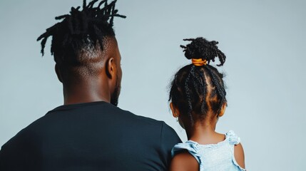 A man and a little girl are standing together. The man is wearing a black shirt and the girl is wearing a blue dress