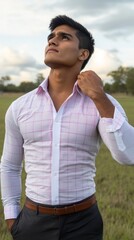 A man in a white shirt with a brown belt stands in a field. He is looking up at the sky