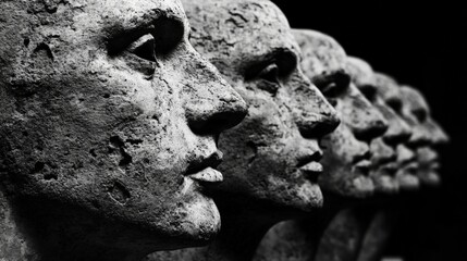 A group of stone statues of faces are lined up in a row. The faces are all different sizes and shapes, but they all have a similar expression of sadness. Scene is somber and melancholic