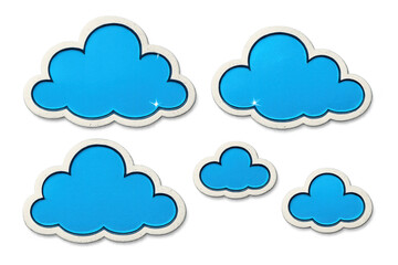 Blue cloud stickers floating freely against transparent backdrop, white borders highlighting whimsical graphic design element