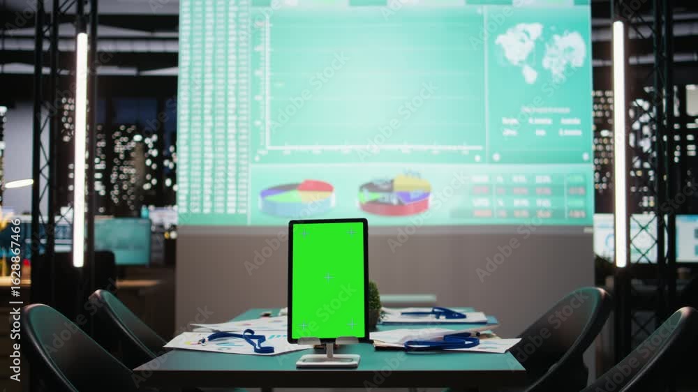 Poster empty copy space on device in the boardroom with charts on projection board, business performance da