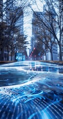 An urban landscape with a flooded street reflecting city lights and abstract, digital patterns