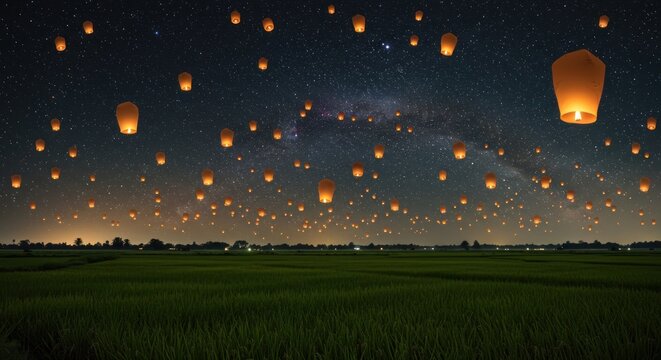 Sky lanterns over rice fields at night