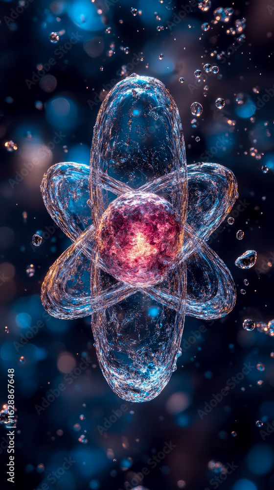 Poster luminous abstract representation of complex atom with radiant core, encased by intricate, glowing en