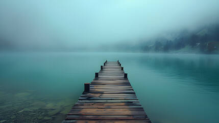 Foggy pier on the lake. Endless lone wooden lake pier. Misty wooden pier lonely dock waterfront property, bridge over turquoise blue water