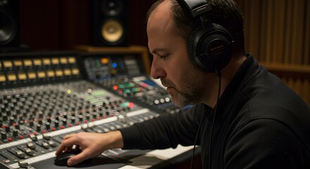 Professional sound engineer working on an audio mixing console in a recording studio, focused on music production.