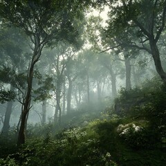 Fototapeta premium Serene Forest Landscape with Lush Greenery and Mystical Foggy Ambiance