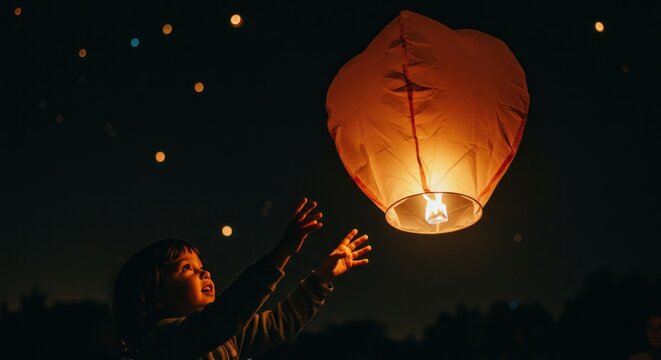 Child releasing sky lantern at night
