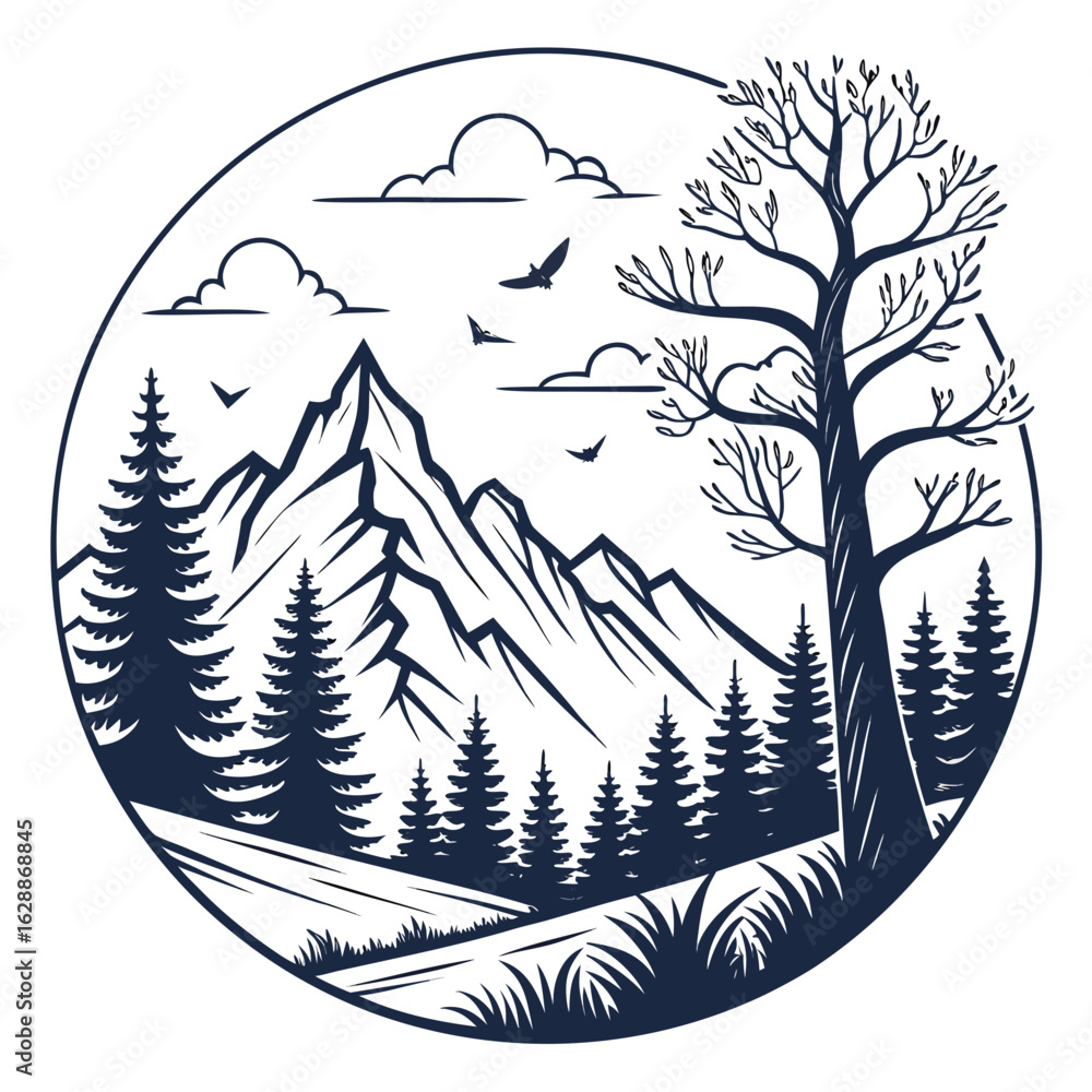 Poster illustration of mountain range with pine trees birds and a bare tree inside a circle design element 
