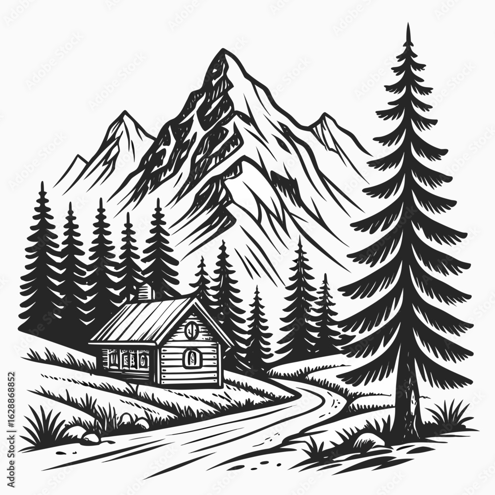 Poster illustration of a cabin nestled in a mountain landscape with trees and winding path in monochrome st