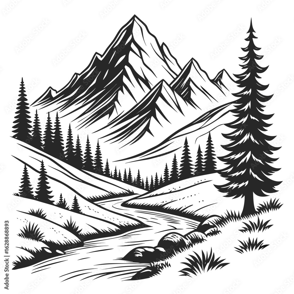 Poster illustration of a mountain range with a river flowing through a forest and a tall pine tree created 