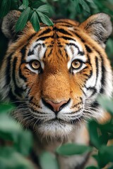 Obraz premium close-up of tiger prowling in dense jungle foliage, intense eye contact
