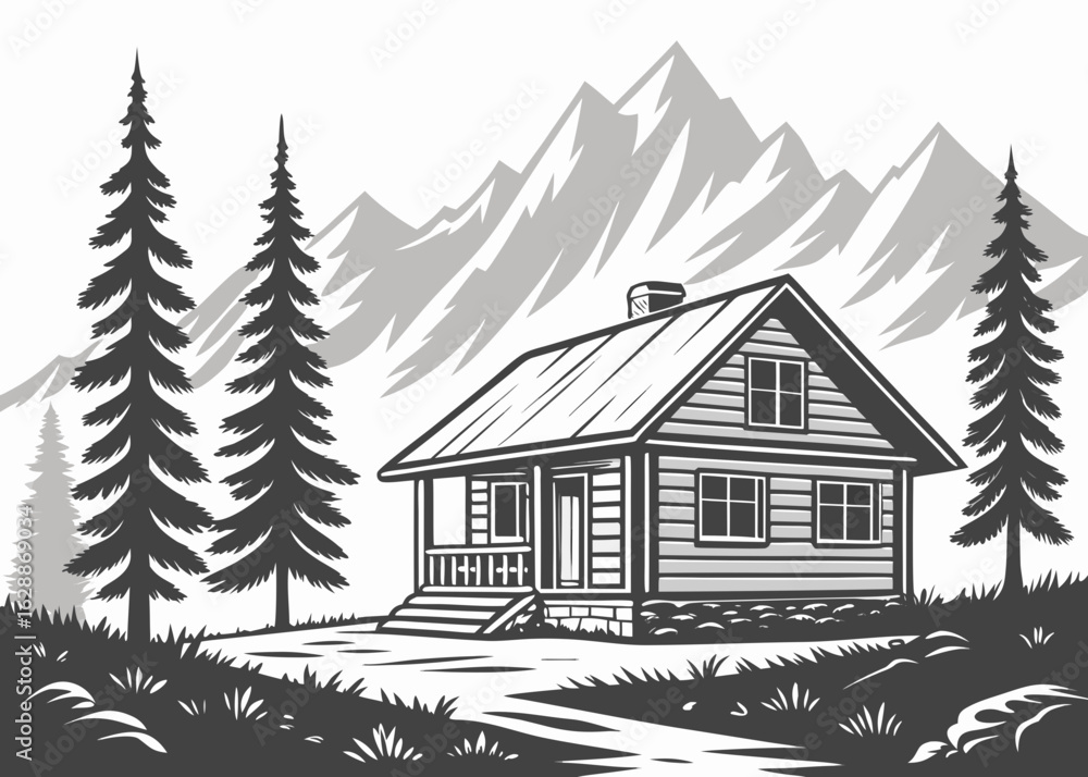 Poster Illustration of a log cabin with a chimney and windows in a forest with mountains in the background created with generated ai