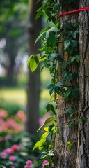 A textured tree trunk is adorned with vibrant green vines, against a soft, floral backdrop