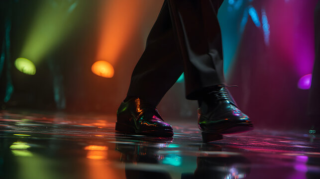 Colorful spotlight stage clicking feet tap dancer dancing with shoe on the theater stage. Tap dancer's feet in action on neon spotlight stage show. 