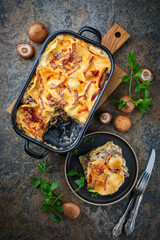 Artisan homemade traditional vincisgrassi marche pasta with mushrooms, prosciutto and bechamel cream over baked in casserole served as top view