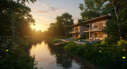 Obraz premium Luxury villa river view with fireflies sunset modern architecture tropical paradise serene landscape