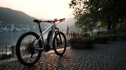 Fototapeta premium Electric mountain bike parked by a tranquil lake at sunrise embodying on transparent background
