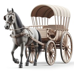 Fototapeta premium A grey horse pulling a vintage wooden covered wagon, isolated on a white background.