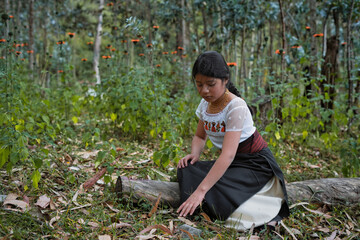 Indigenous girl exploring nature in traditional clothing