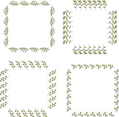 Collection of square frames with minimalistic green branches on white background.eps