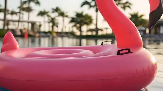 Pink flamingo floatie in pool,  tropical summer vacation. Resort swimming pool, luxury travel, fun, relaxation. Use for holiday marketing, travel ads, pool party promos.
