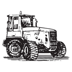 Naklejka premium Detailed black and white sketch of a wheeled excavator, perfect for construction and industrial use
