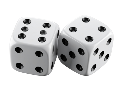 Pair of Classic White Dice with Black Dots, Front Angle View, Transparent PNG