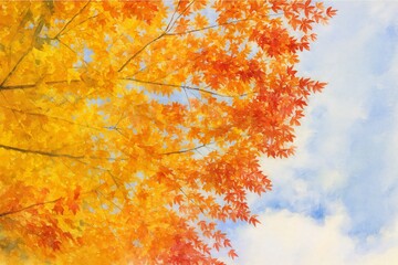 青空に映える黄と赤の紅葉が美しい秋の風景画