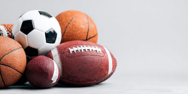 Pile of various sports balls against a light background