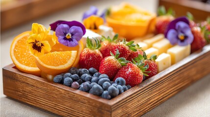 cheese and fruit platter with edible flowers for event catering, elegant style