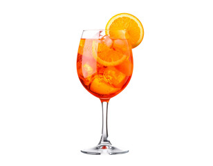 Classic Aperol Spritz in Wine Glass with Orange Slice and Ice Cubes, Front View, Transparent Background