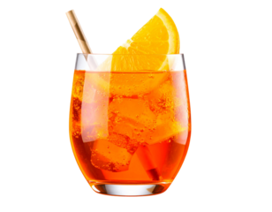 Aperol Spritz in Tall Tumbler Glass with Orange Wedge and Straw, Angled View, Isolated PNG
