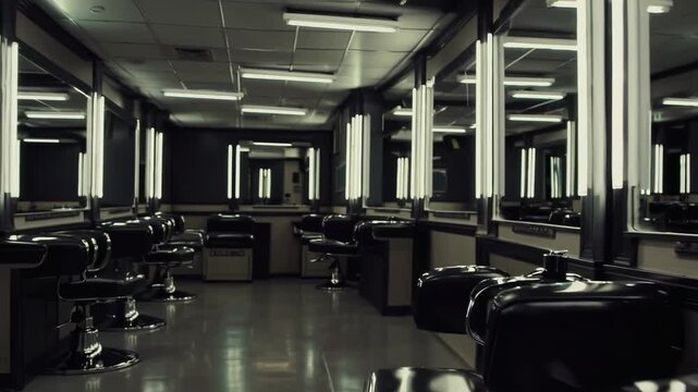 Interior view of a barber shop with multiple black chairs and mirrors in a row and bright lights