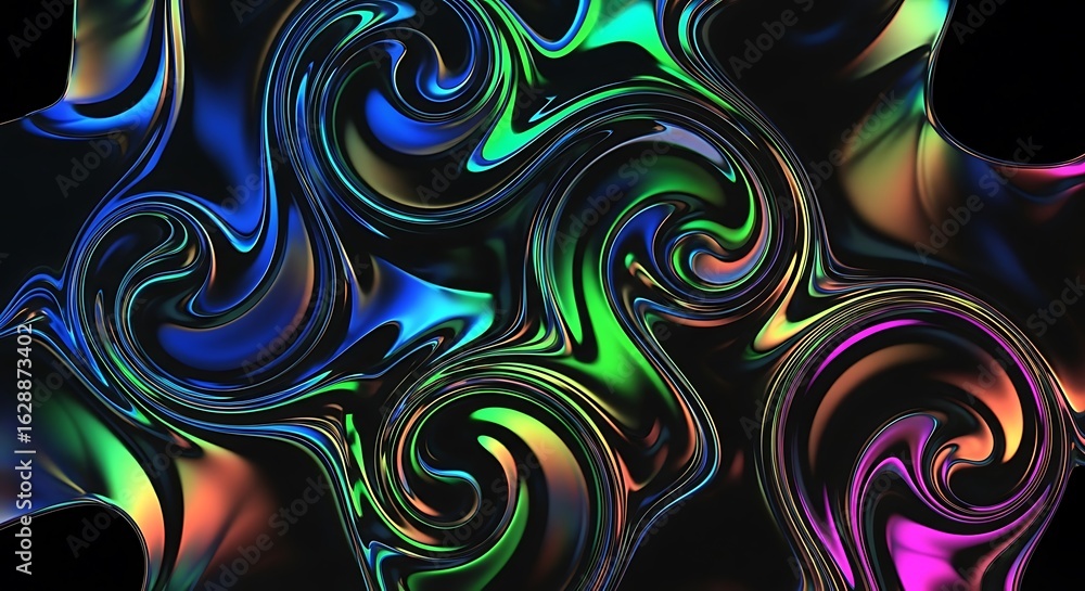 Poster swirling iridescent colors blend and flow in a mesmerizing abstract pattern with a dark background, 
