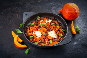 Greek style minced beef meat ragout stew with pumpkin, feta sheep cheese and capers in tomato sauce...