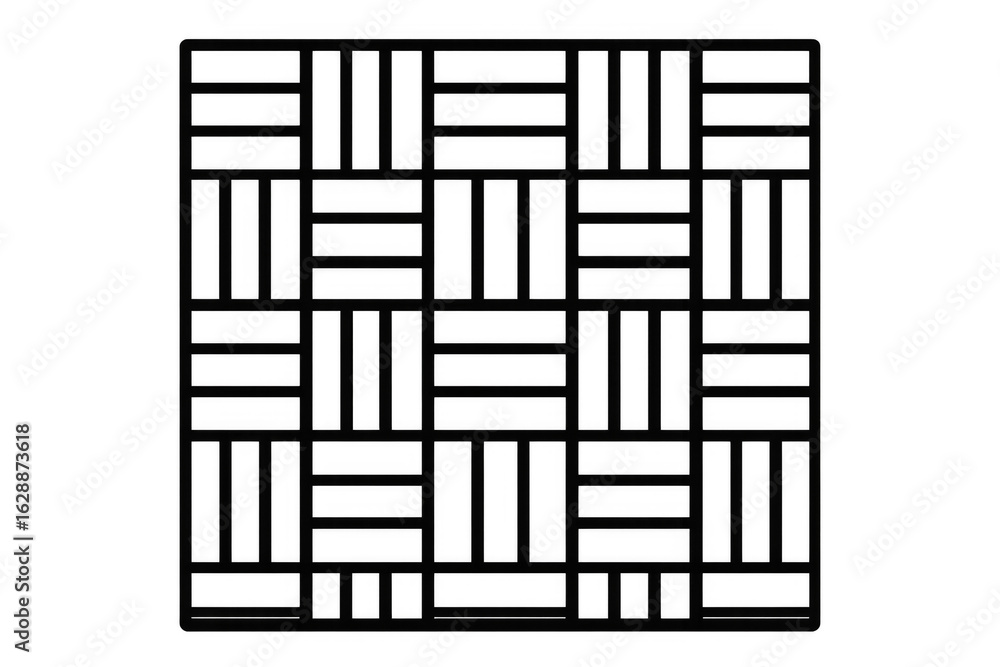 Poster intricate black linear pattern interlacing dynamically, forming complex geometric network against tr