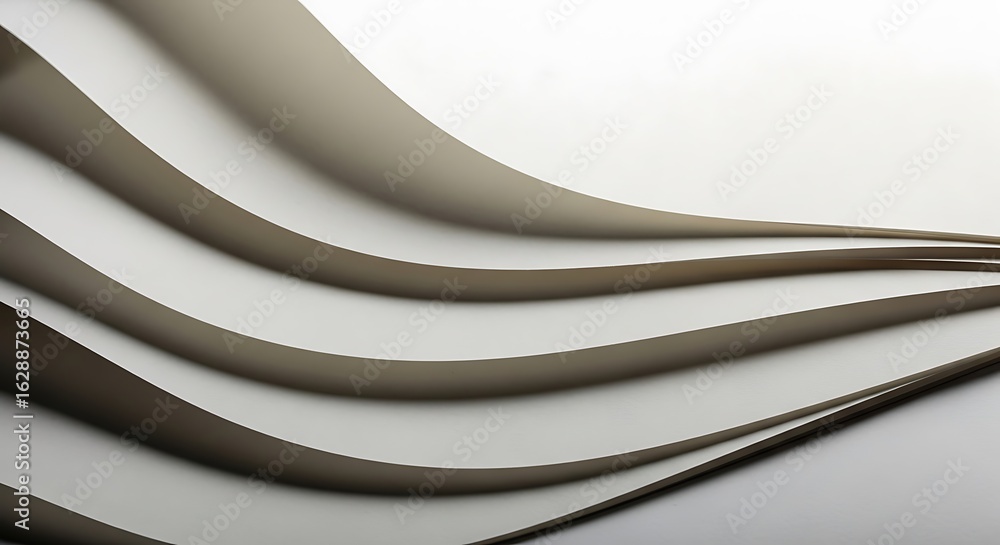 Poster abstract flowing curves of varying shades of gray and white, creating a sense of depth and movement.