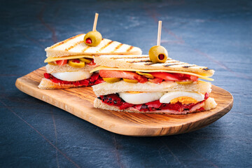 Traditional club toast sandwich with ham, cheese and egg served with vegetables as close-up on a wooden cutting board