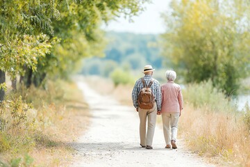 elderly couple walking hand-in-hand in nature trail, active lifestyle, wellness