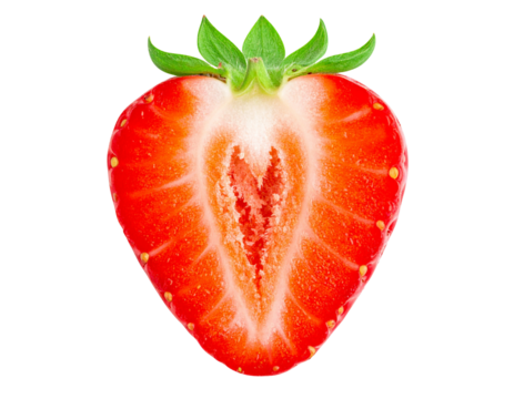 Top-Down View of Plump Strawberry with Green Leaves Spread Out, Natural Lighting, Isolated PNG