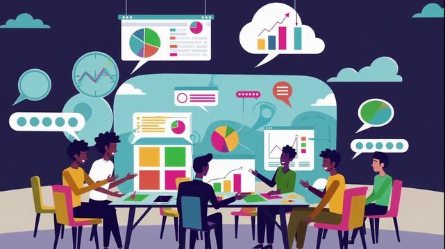 Illustration of diverse team meeting with charts and graphs in speech bubbles above them