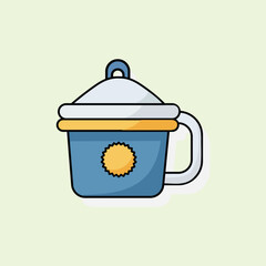 Illustration of a baby cup with handle and lid, minimalist flat style, pastel green background, suitable for children's equipment theme.