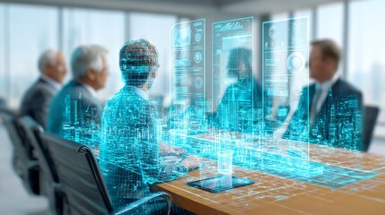scene of virtual meeting with holographic data overlay, future tech business concept