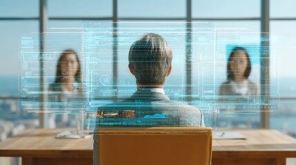 scene of virtual meeting with holographic data overlay, future tech business concept