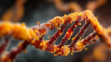 Close-up of abstract DNA double helix with molecular particles on dark background.